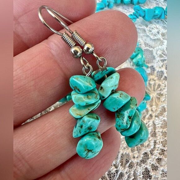 Vintage 80's Hypoallergenic Turquoise Tumbled Stone Necklace & Earring Set - Picture 3 of 10